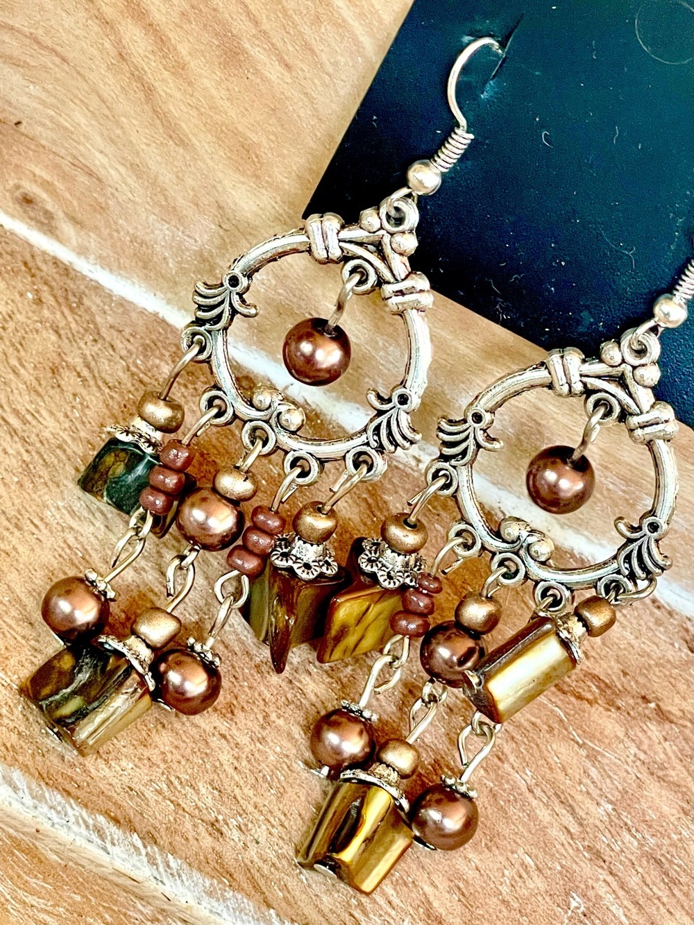 Handcrafted Artisan Boho Brown and Gold Chandelier Earrings in Silver Setting